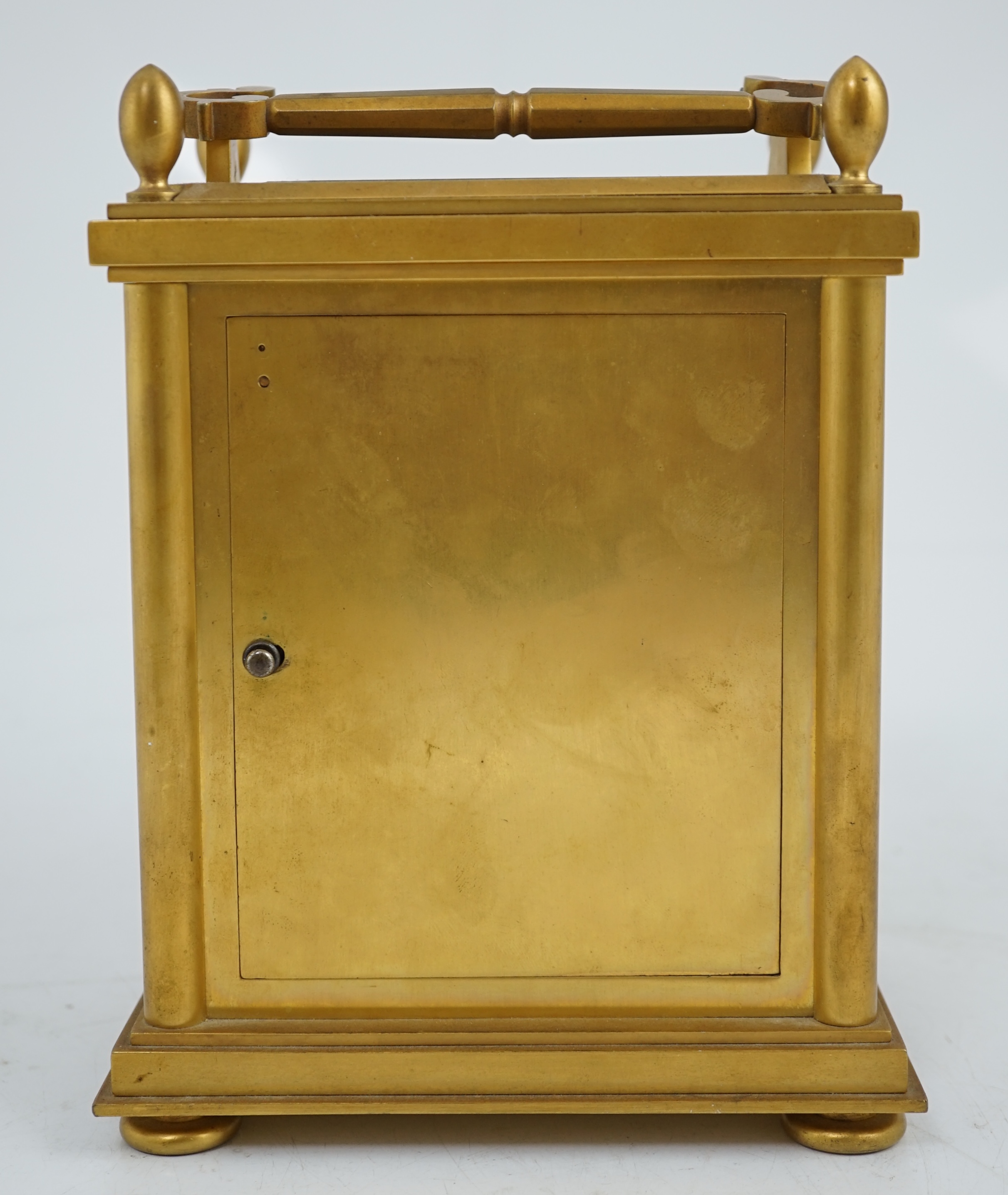 James Gowland of London, a rare mid 19th century giant gilt bronze single fuseé carriage timepiece, 22cm high to handle